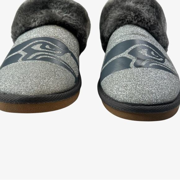 Foco Womens L Seattle Seahawks Glitter Moccasin Slipper Open Back Faux Fur Fuzzy - Picture 2 of 11